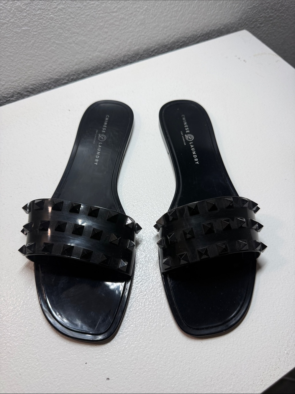 Chinese Laundry Black Studded Slide Sandals with Pyramid Studs